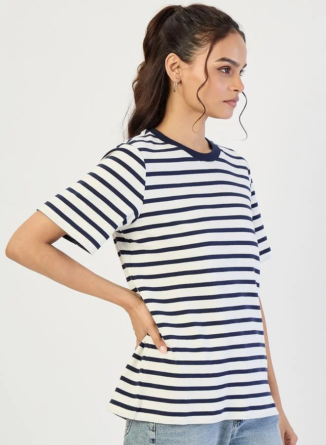 Femmella Navy Striped Knit Crew Neck T-Shirt